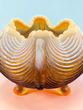 Fenton Art Glass Cameo Opalescent Amber Brown Drapery Rose Bowl Vintage